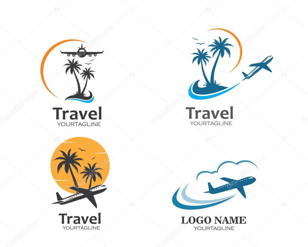 Plane with palms icon logo of travel and travel agency vector illustration