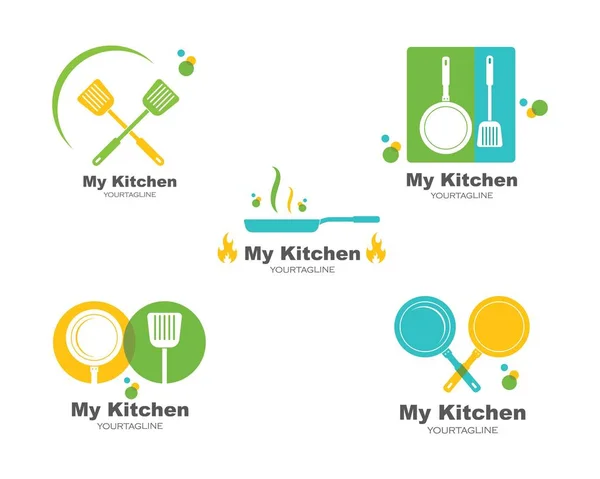 Spatula and pan logo icon of cooking and kithen vector — Stock Vector