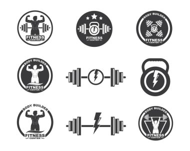 Bodybuilder fitness spor salonu simgesi logo rozeti vektör illüstrasyon