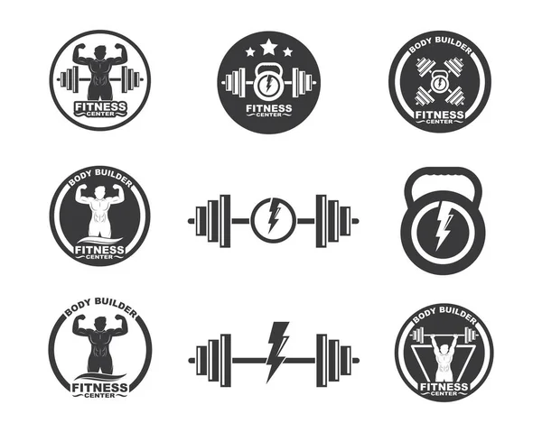 Bodybuilder Fitness gym ikon logotyp Badge vektor illustration — Stock vektor