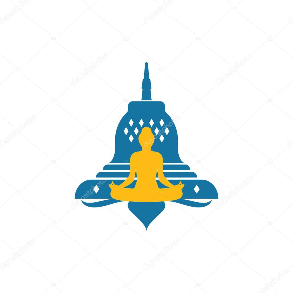 Meditation logo template vector icon with temple in background concept  design