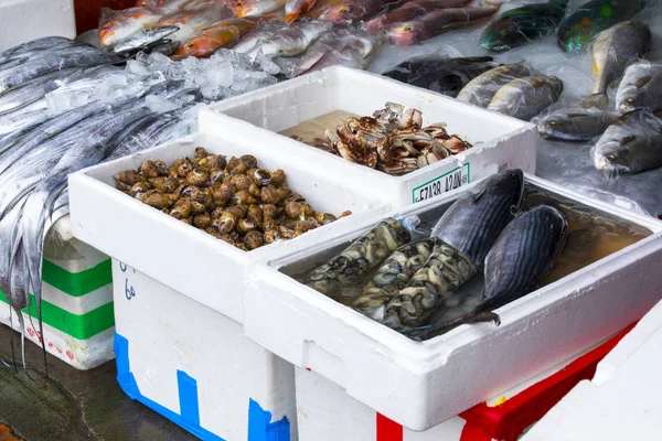 Taiwans Traditionele Fishmongers Viskraampjes Langs Vissershaven Van Keelungs Peace Island — Stockfoto