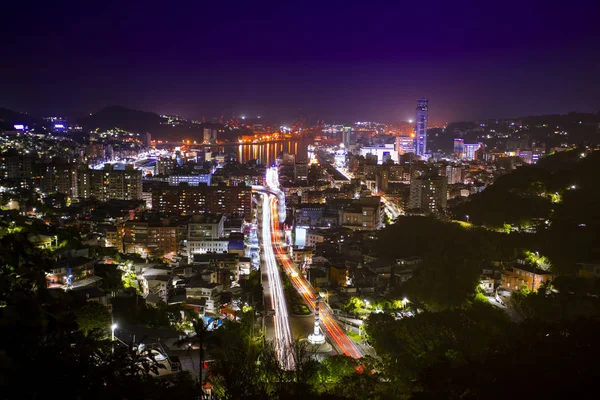 The port city of northern Taiwan, Keelung Harbor, overlooks the night view of the pier of Keelung City,