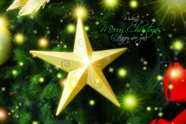 Natal Árvore Natal Decorada Com Muitos Ornamentos Natal Estrelas Douradas — Fotografia de Stock