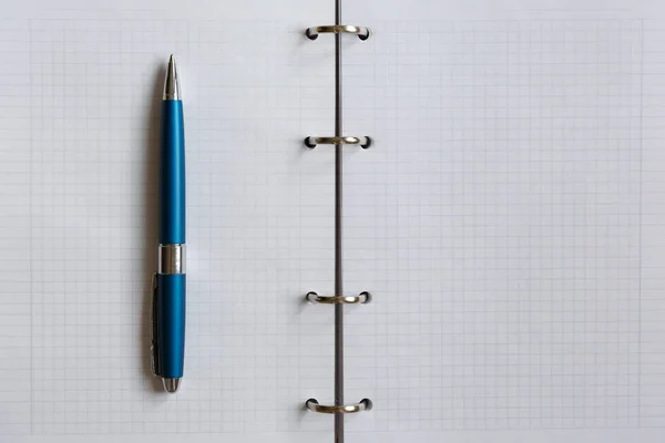 Ein Blauer Stift Liegt Auf Einem Weißen Blatt Eines Notizbuchs — Stockfoto