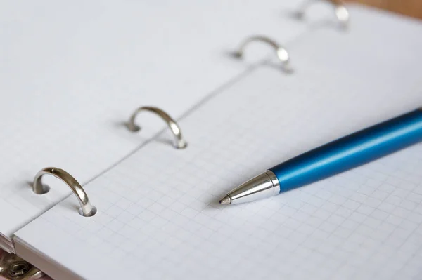 Ein Blauer Stift Liegt Auf Einem Weißen Blatt Eines Notizbuchs — Stockfoto