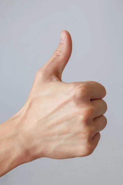 Gesture and sign, male hand on a white background. Hand good. Good job
