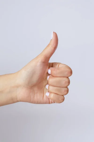 Gesto Signo Mano Femenina Sobre Fondo Blanco Mano Buena Buen — Foto de Stock