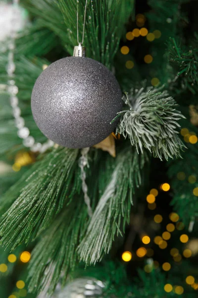 Christmas Toy Ball Hanging Branch Spruce New Year Tree Decorated — Stock Photo, Image