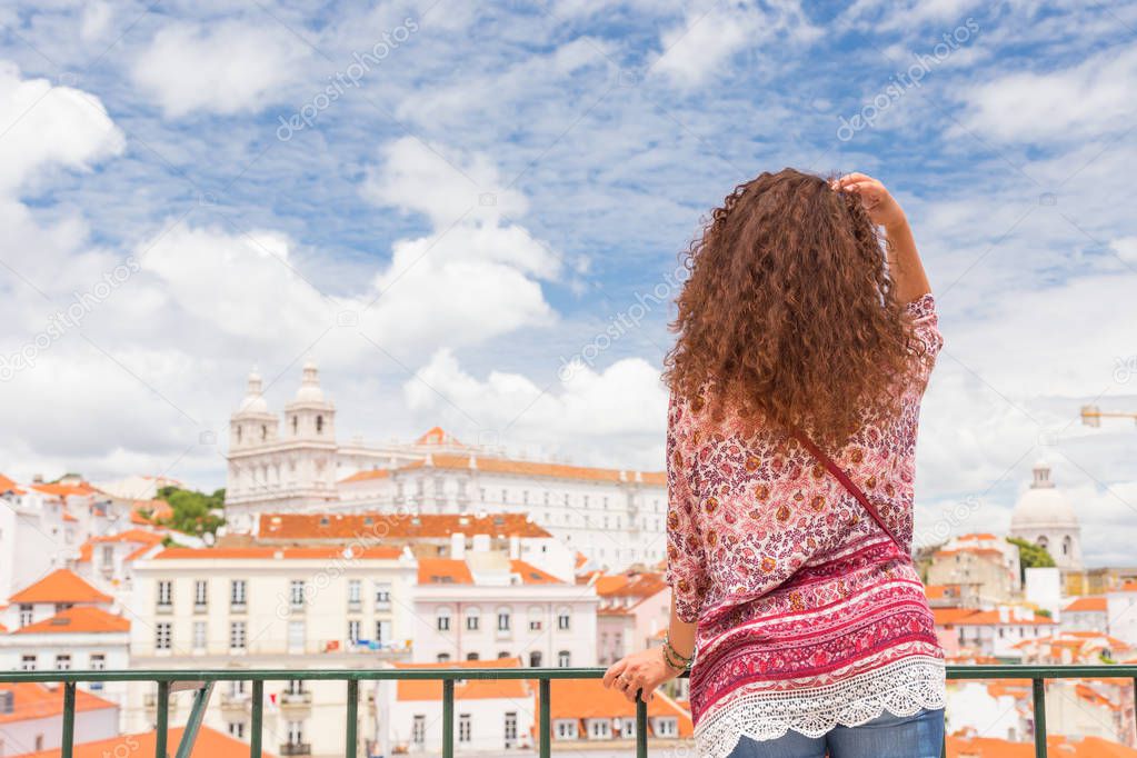 Excited happy young woman in Lisbon Portugal