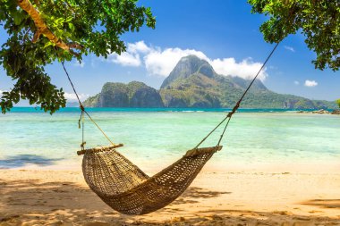 Traditional braided hammock in the shade on a tropical island clipart