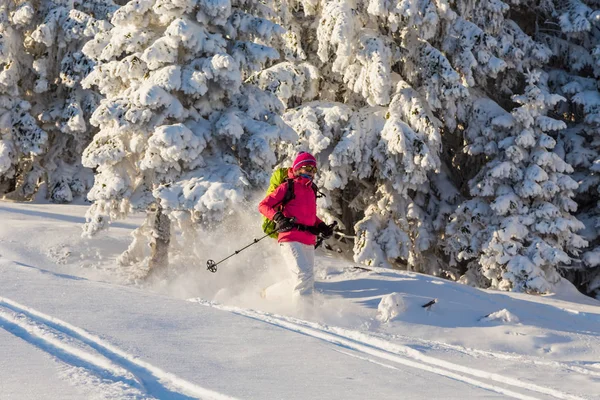 Menina snowshoeing em um dia ensolarado — Fotografia de Stock