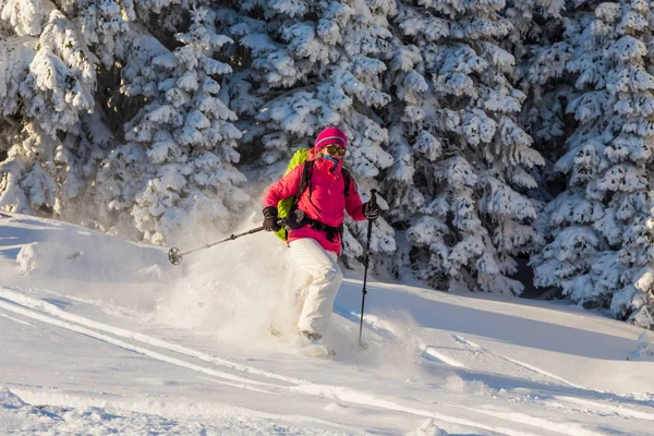 Menina snowshoeing em um dia ensolarado — Fotografia de Stock