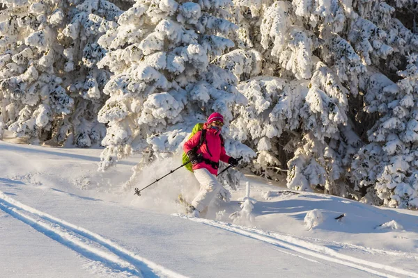 Menina snowshoeing em um dia ensolarado — Fotografia de Stock