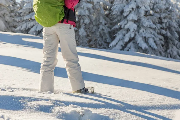 Menina snowshoeing em um dia ensolarado — Fotografia de Stock