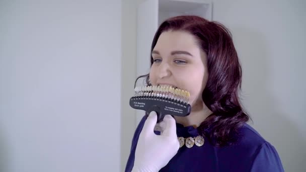 Tandarts met tand kleurmonsters kiezen tanden kleur bij Dental Clinic — Stockvideo