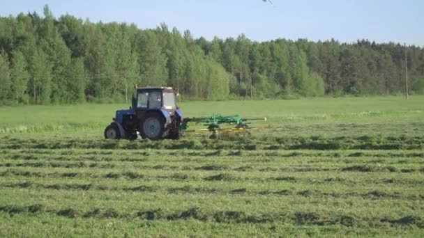 Boer Blauwe Trekker Harken Hooi Roterende Rake Het Veld — Stockvideo