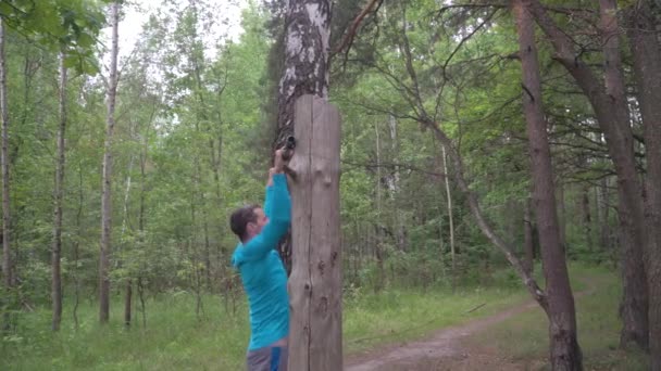 Sportovní Muž Vodorovném Baru Výcvik Sportovce Venkovním Prostranství Lese — Stock video