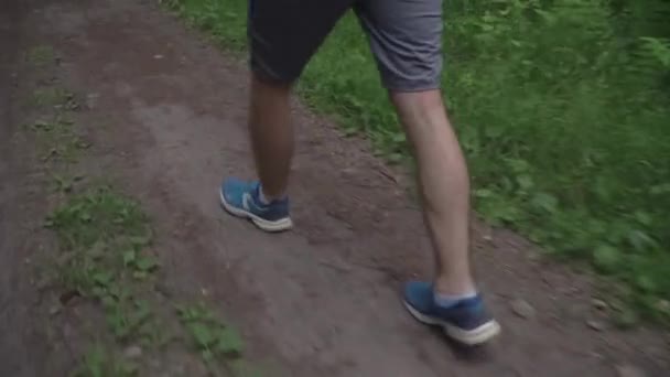 Atleta Caucásico Cámara Lenta Pantalones Cortos Grises Caminar Bosque Concepto — Vídeos de Stock