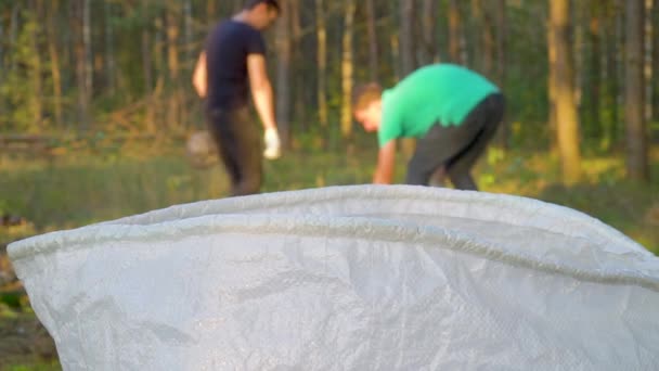 Волонтеры убирают мусор в лесу — стоковое видео