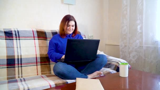 自由女作家坐在笔记本电脑后面，坐在家里的沙发上 — 图库视频影像