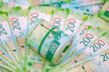 Rusça rulo 200 ruble banknotlar kağıt para arka plan.