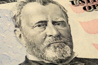 Başkan Grant 'in portresi 50 Amerikan doları banknotunda. Makro yakın görünüm.