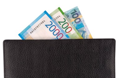 Para birimi yeni Rus Rublesi, banknotlar nominal 100, 200, 2000 cüzdan, beyaz üzerinde izole. 