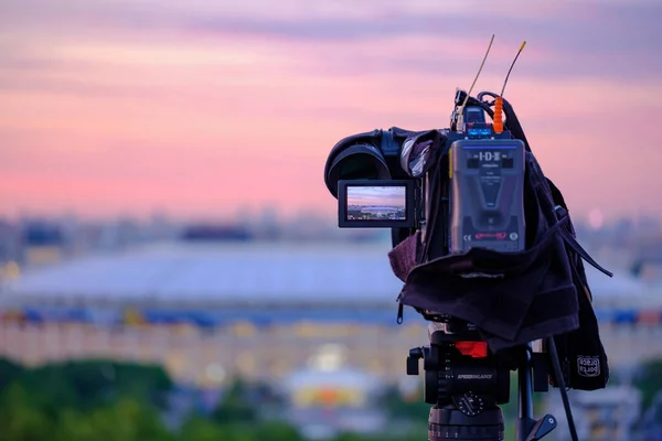 Moscow June 2018 Camera Tripod Transmiting Reportage First Match Fifa — Stock Photo, Image