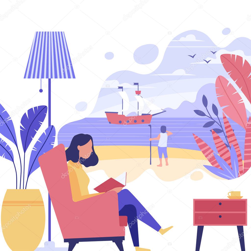 Vector illustration. Young woman's reading a book and imagining herself as a main character