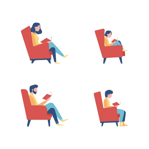 Quatro Pessoas Lendo Confortavelmente Sentado Cadeiras — Vetor de Stock