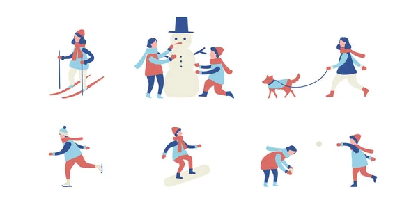 冬のアクティビティ 子供スキー スケート 雪だるまを作る 雪玉を再生します フラット漫画のベクトル図 — ストックベクタ