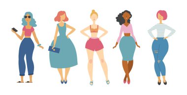 Genç kadın moda giysileri. vektör çizim. Kadın karakterleri.