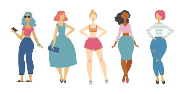 Młodych Kobiet Moda Ubrania Ilustracja Wektorowa Postacie Kobiece — Wektor stockowy