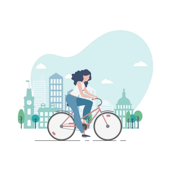 Vector Illustration Young Woman Riding Bicycle Modern City Background — Stock Vector