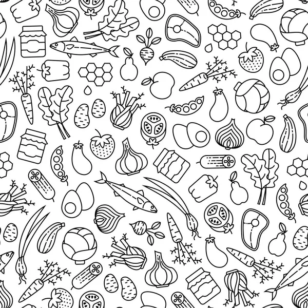 Farmer Market Seamless Pattern Line Icons Fruits Vegetables Honey Eggs — Stock Vector