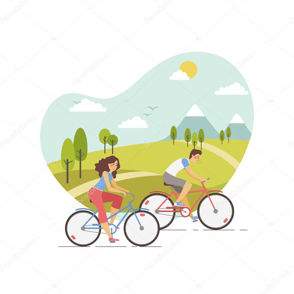 Vector illustration of happy young couple riding a bicycles