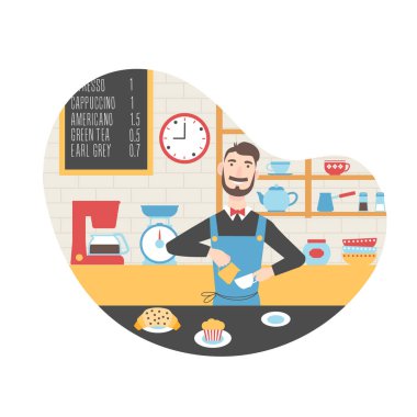 Barista kahve dükkanında bir fincan kahve yapıyor. Vektör karikatür illüstrasyon