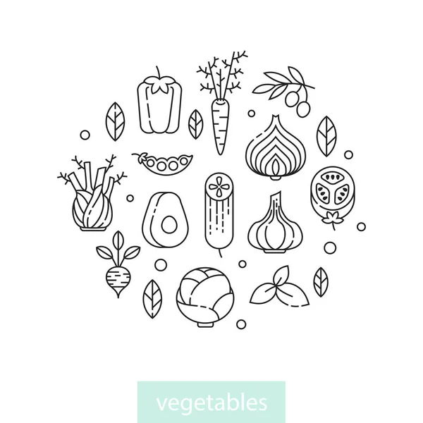 ラインベクトル野菜アイコンデザイン要素 円の形状を設定します 健康的なライフスタイルイラスト — ストックベクタ