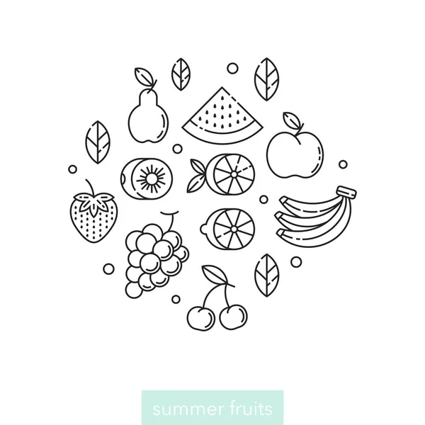 Line Vector Fruits Icons Design Element Set Circle Shape Healthy — Stock Vector