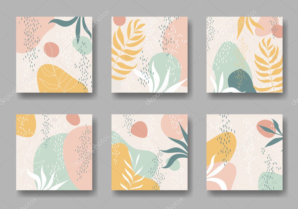 set of six square background with abstract forms, dots and leaves