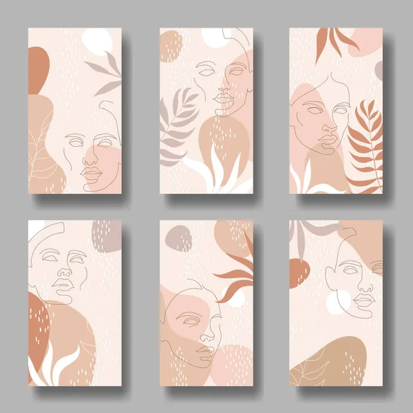 Conjunto Banners Verticais Vetoriais Com Formas Abstratas Folhas Faces Linha — Vetor de Stock