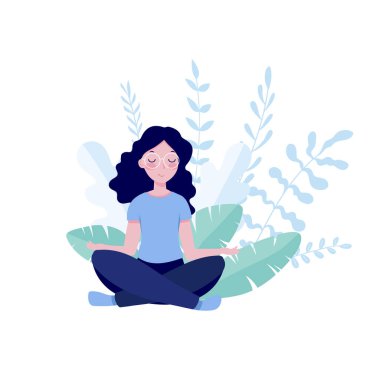 Düz karakter tasarımı. Lotus pozunda meditasyon yapan genç bir kadın.