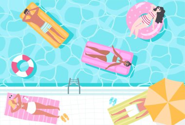 Düz vektör çizimi. Erkekler ve kadınlar havuzda yüzüyor ve güneşleniyor.