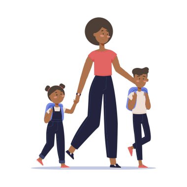 İki çocuklu Afrikalı Amerikalı anne okula gidiyor. Düz karakter tasarımı.