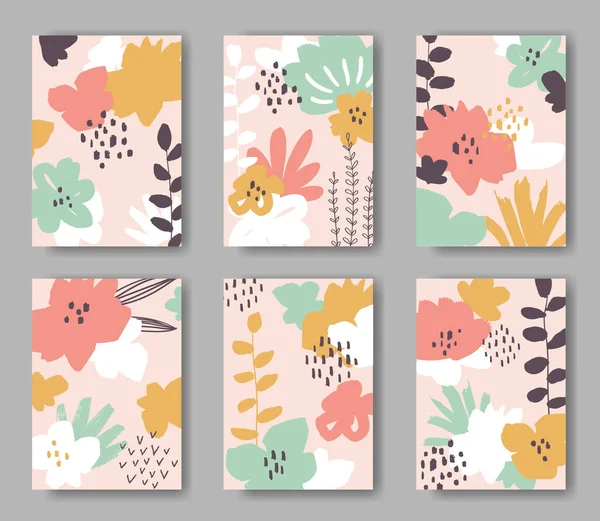 Conjunto Seis Tarjetas Vectoriales Con Adorno Flores Abstractas — Vector de stock