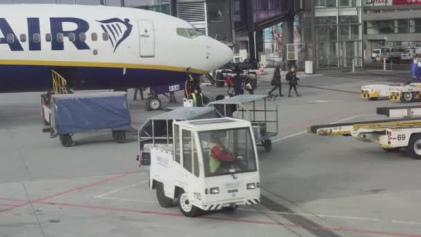 Vue de la fenêtre de l'avion sur le véhicule avec poupées à bagages — Video