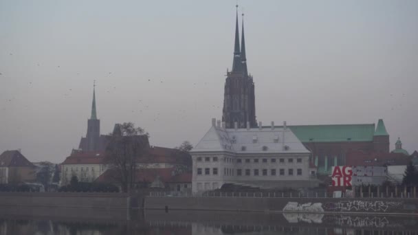 Vista de las agujas de la iglesia en Ostrow Tumski - Mediana toma — Vídeos de Stock