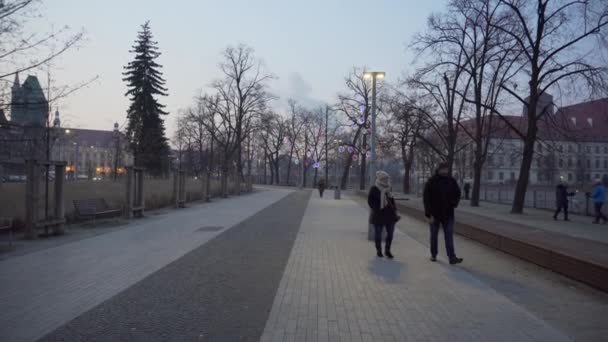 Ludzie chodzą po mglistej promenadzie w Polsce — Wideo stockowe