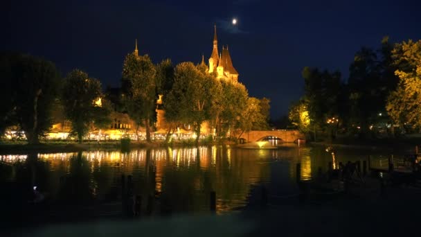 Moon and castle spires at night in Budapest — Stock Video